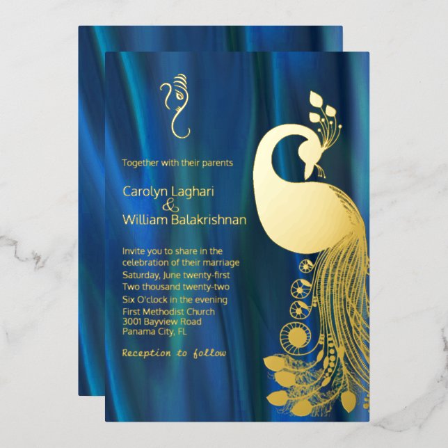 Blue Satin with Gold Peacock and Ganesha Wedding  Foil Invitation (Front/Back)