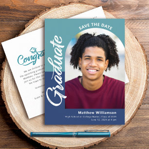 Blue Save Date Graduation Photo Bold Arch Script Invitation Postcard