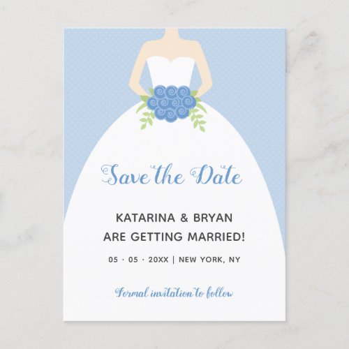 Blue Save The Date Announcement Postcard Gown