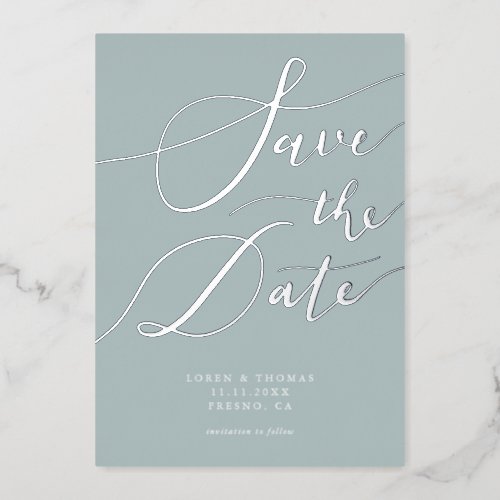 Blue Save The Date Calligraphy Foil Invitation