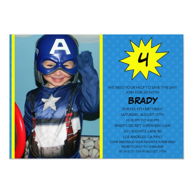 Blue Save The Day Superhero Photo Birthday Party Card
