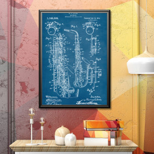 Blue Saxophone Patent Poster