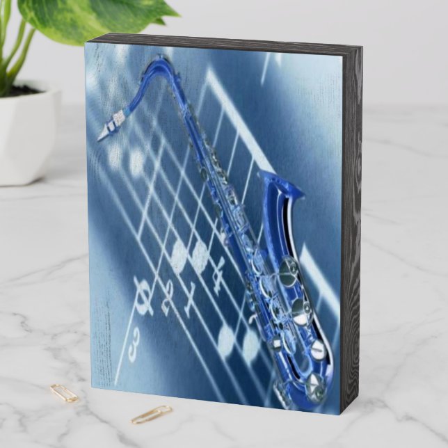 Blue Saxophone Wooden Box Sign (In Situ Vertical)