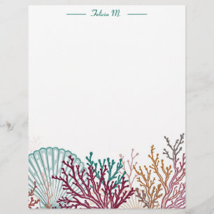 Blue Scallop Shell and Coral Stationery Paper