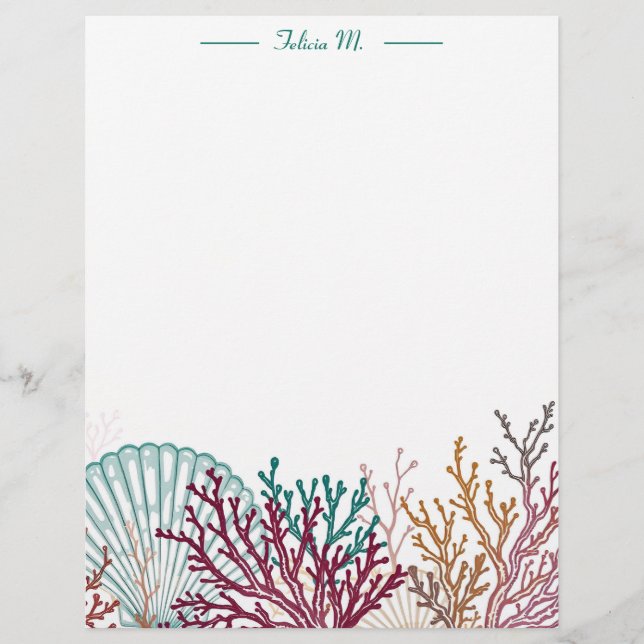 Blue Scallop Shell and Coral Stationery Paper (Front)