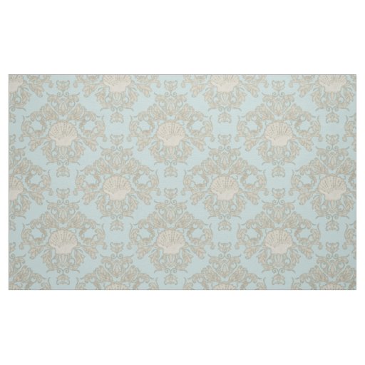 Blue Scallop Shell Leaf Scroll Damask Ocean Beach Fabric