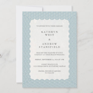 Blue Scalloped Japanese Seigaiha Waves Wedding Invitation