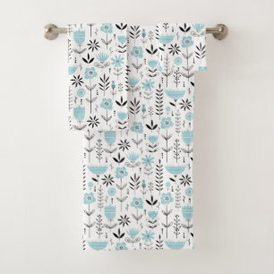 Blue Scandinavian Floral Pattern Bath Towel Set