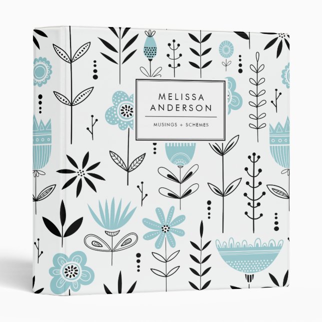 Blue Scandinavian Floral Pattern Custom 3 Ring Binder (Front/Spine)