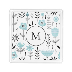 Blue Scandinavian Floral Pattern Monogram Acrylic Tray
