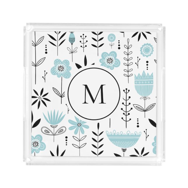 Blue Scandinavian Floral Pattern Monogram Acrylic Tray (Front)