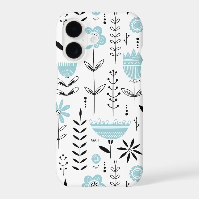 Blue Scandinavian Floral Pattern Monogram Iphone Case (Back)