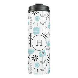 Blue Scandinavian Floral Pattern Monogram Thermal Tumbler