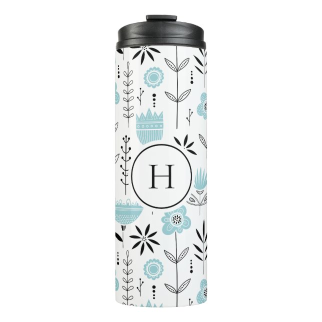 Blue Scandinavian Floral Pattern Monogram Thermal Tumbler (Front)