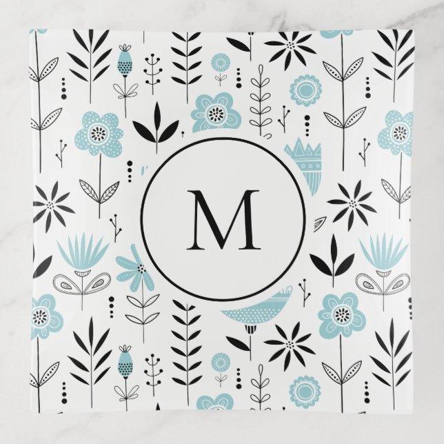 Blue Scandinavian Floral Pattern Monogram Trinket Tray (Front)