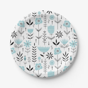 Blue Scandinavian Floral Pattern Paper Plates