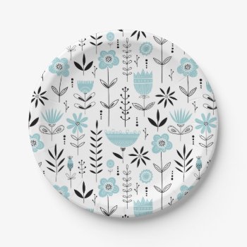 Blue Scandinavian Floral Pattern Paper Plates by KeikoPrints at Zazzle