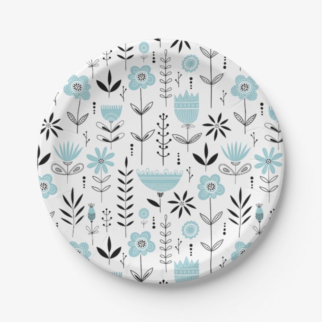 Blue Scandinavian Floral Pattern Paper Plates (Front)