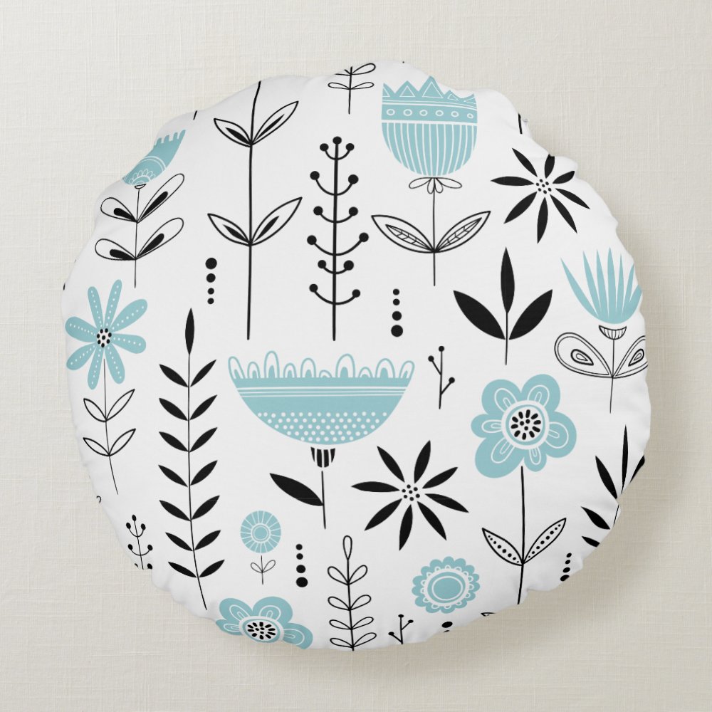 Disover Blue Scandinavian Floral Pattern Round Pillow