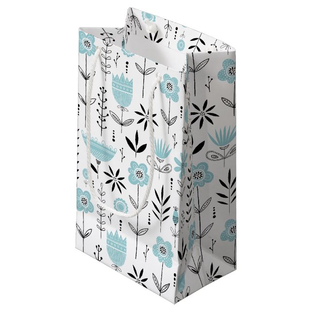 Blue Scandinavian Floral Pattern Small Gift Bag (Front Angled)