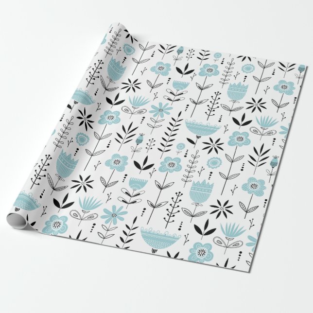 Blue Scandinavian Floral Pattern Wrapping Paper (Unrolled)
