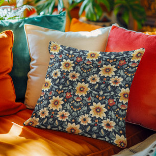 Blue Scandinavian Floral Throw Pillow
