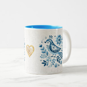 Blue Scandinavian Folk Bird Two-Tone Coffee Mug
