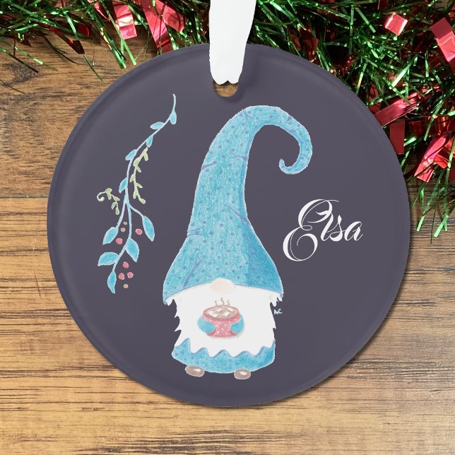 Blue Scandinavian gnome drinking hot cocoa Ornament (Creator Uploaded)