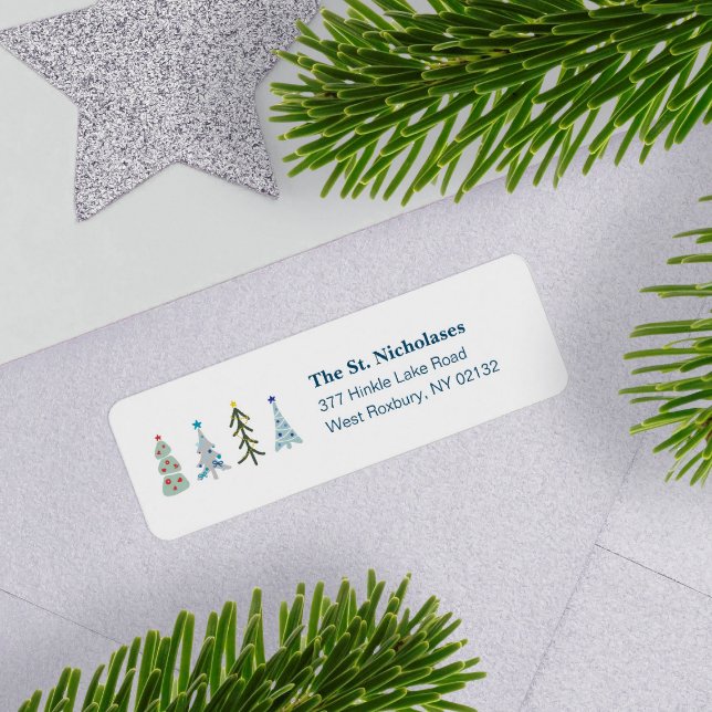 Blue Scandinavian Holiday Forest Label (Elegant Scandinavian Christmas tree return address label with your mailing information)