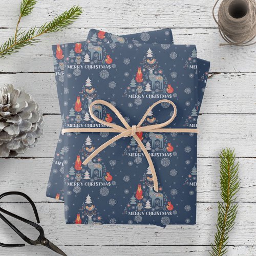 Blue Scandinavian Reindeer Tree Animal Snowflake Wrapping Paper Sheets