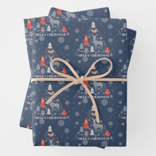 Blue Scandinavian Reindeer Tree Animal Snowflake Wrapping Paper Sheets