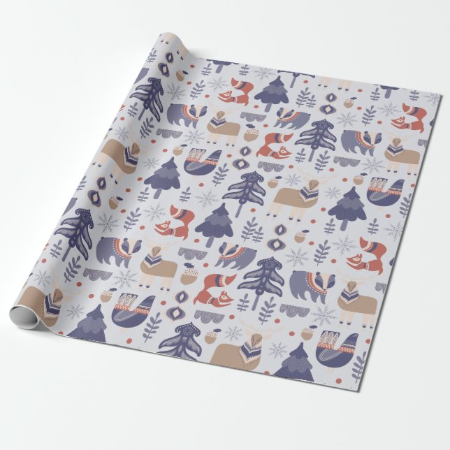 Blue Scandinavian Winter Fox Badger Wrapping Paper (Unrolled)