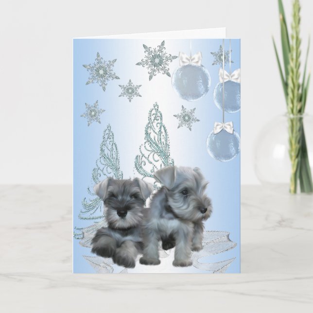 Blue Schnauzer Puppies Christmas Card (Front)