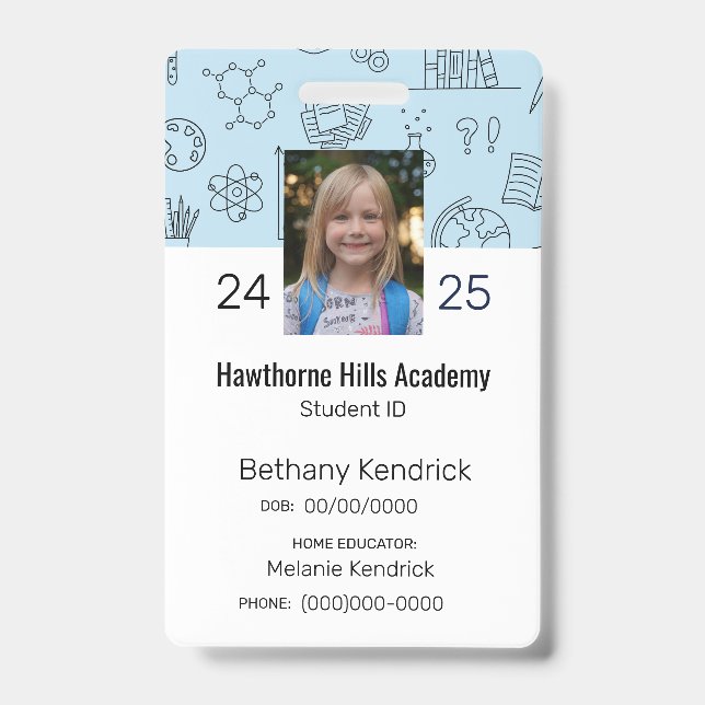 Blue School Icons Homeschool Student ID Badge (Front)