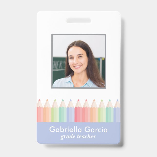 Blue School Teacher Barcode Photo ID badge (Front)