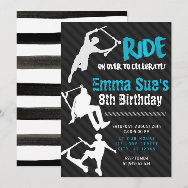 Blue Scooter Skate Park Party Birthday Invitation (Front/Back)