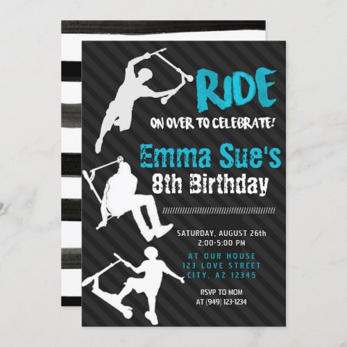 Blue Scooter Skate Park Party Birthday Invitation