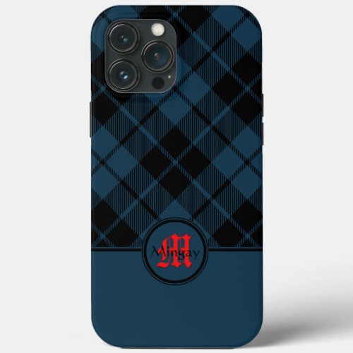 Blue Scottish Plaid Red Monogram iPhone 13 Pro Max Case