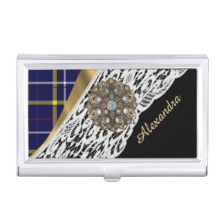 Blue Scottish tartan plaid pattern and white lace Business Card Holder
