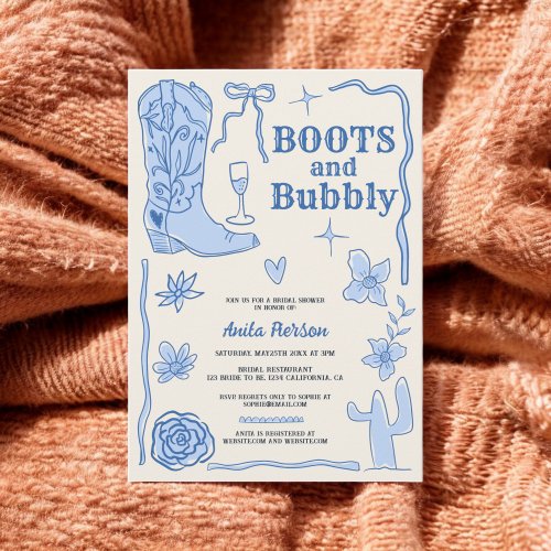 Blue scribbles boots bubbly bridal shower invitation