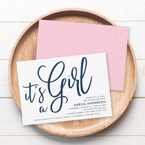 Blue Script and Pink Its a Girl Baby Shower Invitation