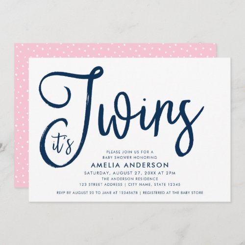 Blue Script and Pink Its Twins Baby Shower Invitation