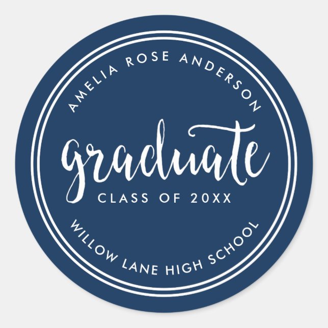Blue Script and White Stripes Graduate Graduation Classic Round Sticker (Front)