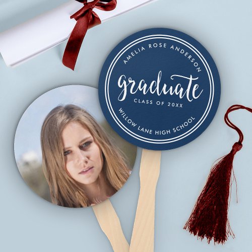 Blue Script and White Stripes Graduate Photo Hand Fan