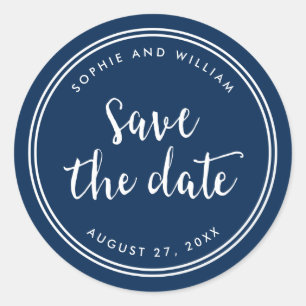 Blue Script and White Stripes Save the Date Classic Round Sticker