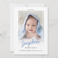 Blue Script Boy Photo Birth Announcement Card