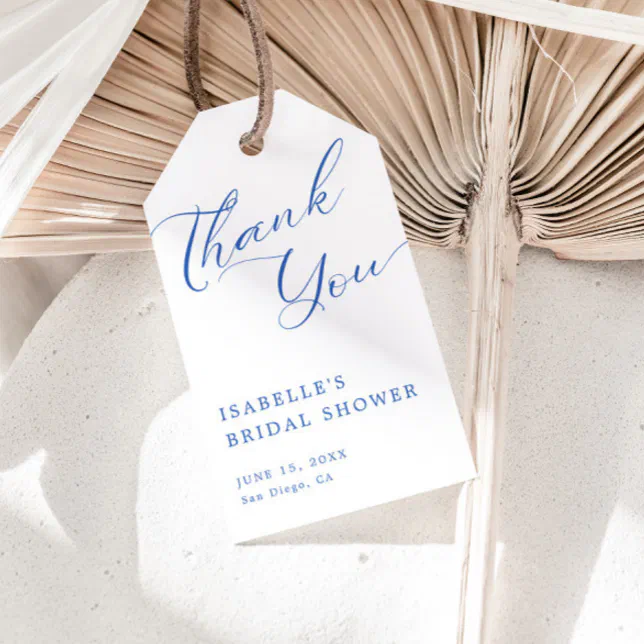 Blue Script Bridal Shower Thank You Gift Tags | Zazzle
