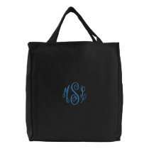 Blue Script Embroidered Monogram Embroidered Tote Bag