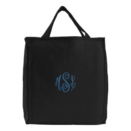 Blue Script Embroidered Monogram Embroidered Tote Bag