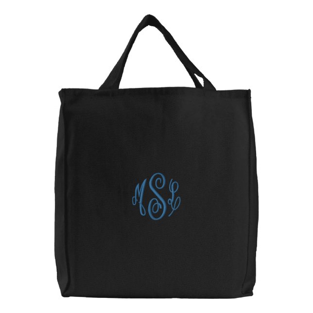 Blue Script Embroidered Monogram Embroidered Tote Bag (Front)